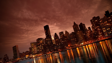 manhattan in rust color - rust, clouds, river, city, dusk, lights, skyscrapers