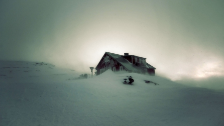 secluded cabin on a mountainside in a blizzard