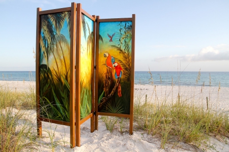 Beach Paravent - painting, artwork, colors, sand, grass, sea