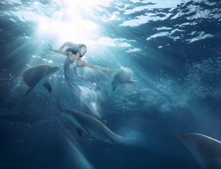 Silent world of dolphins - dolphins, swiming, ocean, girl