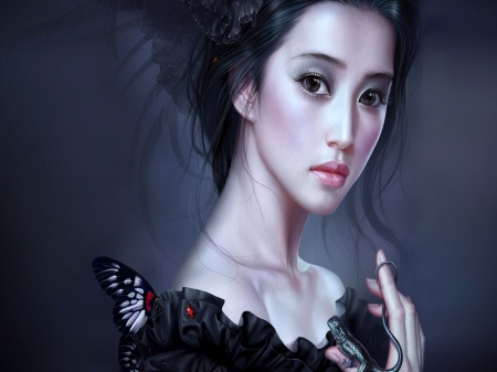 Fantasy girl - woman, girl, fantasy, black, ladybug, art, butterfly, pink, insect, lizard, digital