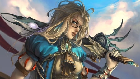 Fantasy girl - woman, girl, glasses, blue, weapon, fantasy, blonde