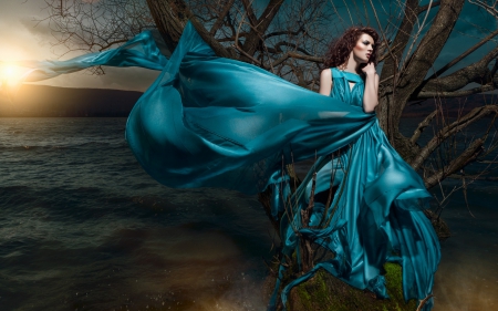 Gone with the wind - water, blue, photography, dress, girl, sea, tree, dark, Daniel Ilinca, sunset, woman, model, femeie