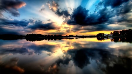 wonderful lake reflections at sunset - homes, lake, clouds, reflections, sunset, shore