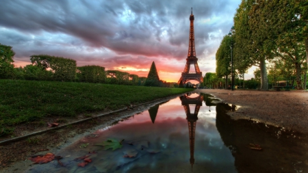 eiffel tower reflected in a puddle hdr - puddle, trees, reflection, hdr, monument, tower, path