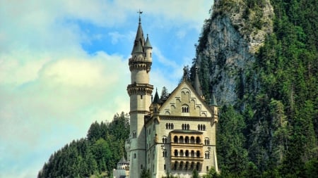 fantastic story book castle under a cliff - sky, trees, castle, cliff, tower