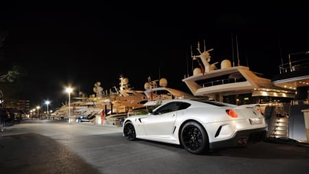 ferrari gto in a yacht club at night - white, yachts, lights, car, marina, night