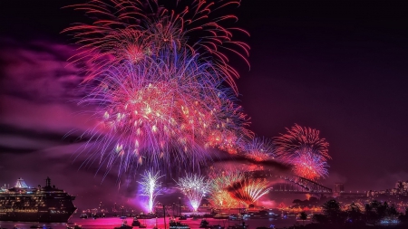 fireworks in sidney harbor hdr - boats, city, night, harbor, cruise ship, hdr, bridge, firewirks