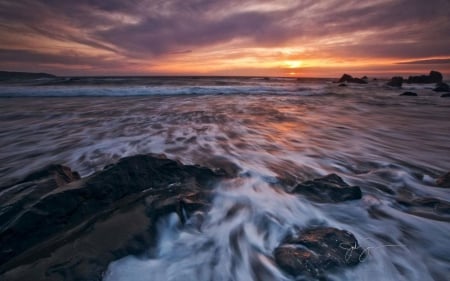 Beach - beach, landscape, scene, sunrise, dawn, sky, clouds, abstract, stone, oceans, water, photography, sea, HD, rockst, sunset, waves, dusk, wallpaper