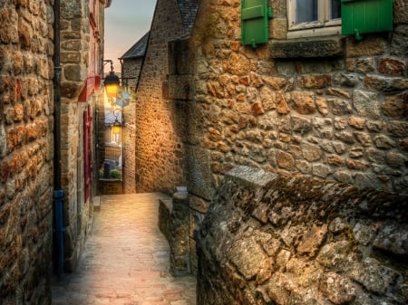 Mont Saint Michel (France) - france, cities, street, mont saint michel, lights, houses, night