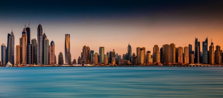 Dubai At Sunset - beautiful, golden hour, ocean, buildings, cityscape, yacht, marina, sunset, modern, skyscrapers, bay