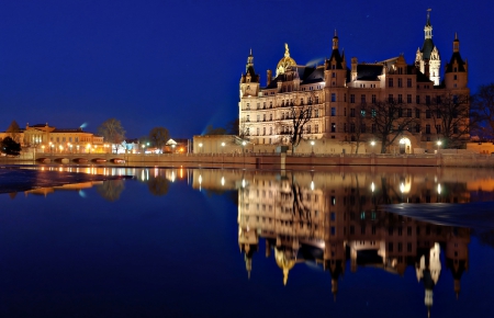 Schwerin Castle (Germany) - travel, castle, night, water, schwerin, castles, schwerin castle, germany