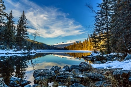 Winter's Reflection Of Summer - forest, mountains, national park, beautiful, canada, lake, snowy peaks, lakeshore, trees, snow