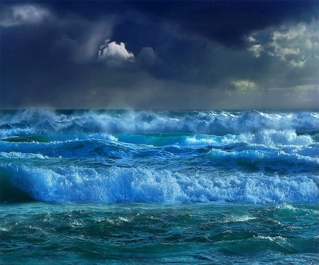 Turmoil - stormy, water, clouds, ocean, nature, waves, blue, colorful