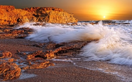 Ocean Waves at Sunset - Ocean, Waves, Sunset, Beach