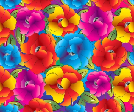 Bright Faces - pink, flowers, leaves, yellow, blue, art, orange, colorful, green