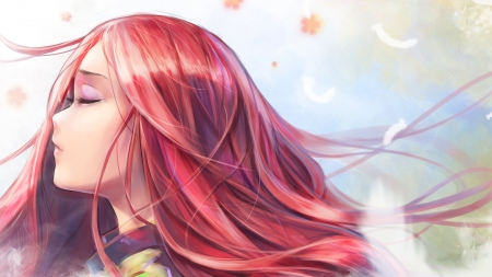 Live In The Moment - flowers, red hair, anime, girl, feathers, long hair