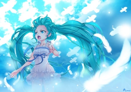 Hatsune Miku - hatsune miku, sky, feathers, blue eyes, long hair, ponytails, blue hair, vocaloid, clouds, anime, dress, birds