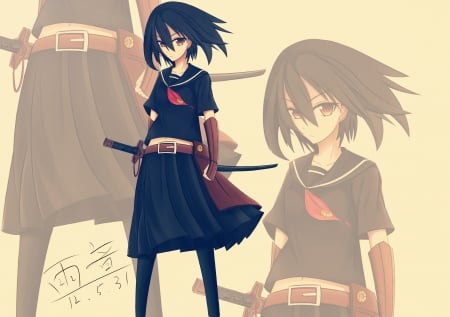 Kurome - short hair, anime, Kurome, skirt, black hair, sword, akame ga kill