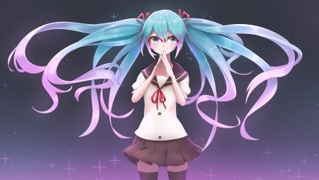 ~Happy Thoughts~ - hatsune miku, glasses, smiling, blue eyes, long hair, ponytails, vocaloid, anime, uniform