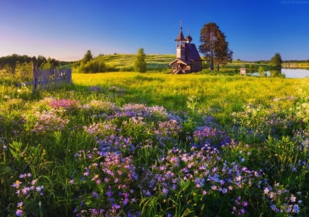 Small field church - pretty, chapel, beautiful, small, grass, meadow, church, flowers, wildflowers, nature, field, sky