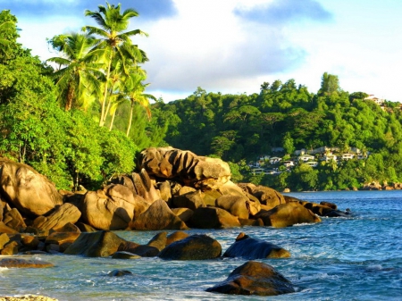 Mahe coast - summer, coast, beach, shore, exotic, paradise, sky, clouds, palms, beautiful, vacation, sea, lovely, ocean, rest, stones, tropical, rocks