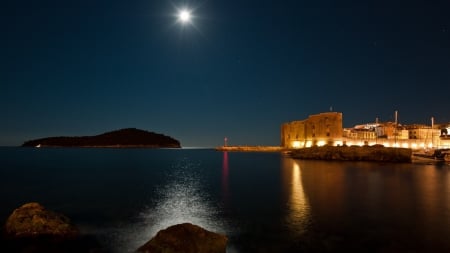 moonlight over dubrovnik seaside - moon, coast, sea, city, night, stars, light