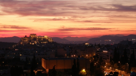 the acropolis in athens at sunset - hill, sunset, ancient, city, ruins