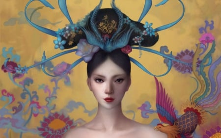 Oriental beauty - digital, pink, bird, beauty, yellow, girl, blue, art, oriental, fantasy, asian, woman