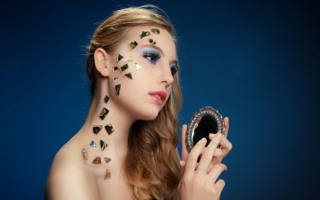 Beauty - make-up, mirror, blue, woman, model, girl