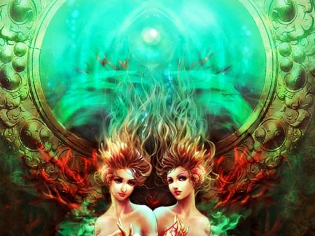 Zodiac ~ Gemini - red, digital, zodiac, water, girl, guangjian huang, blue, art, fantasy, gemini, couple, woman, green