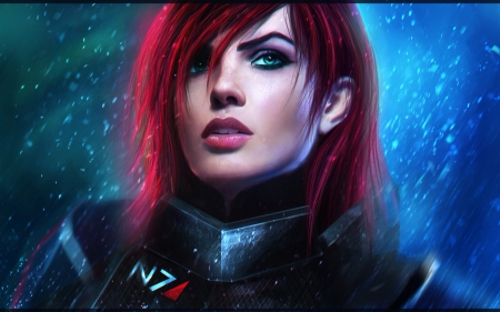 Jane Shepard - woman, redhead, girl, fantasy, lino, art, game, blue, mass effect, digital, jane shepard