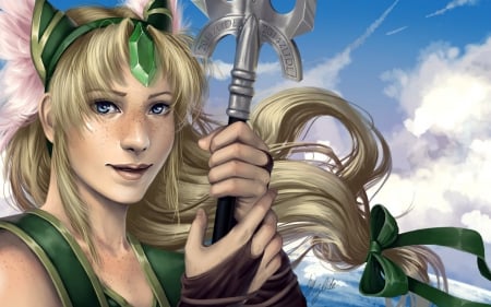 Fantasy girl - fantasy, girl, weapon, woman, blue, green