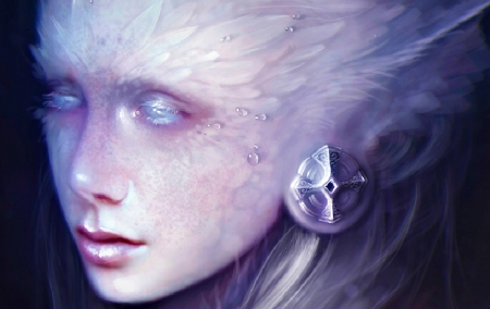 Blindness - tears, water drops, ps, fantasy, face, art, blindness, mermaid, pink, blue, creature, helen rusovich, digital, earring