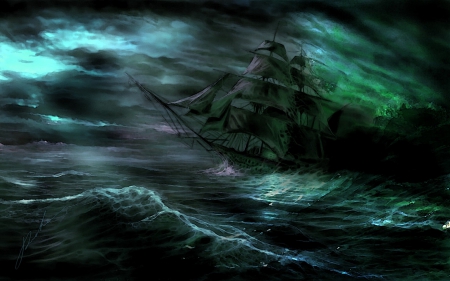 Ghost ship - ghost, Viktor Davydov, ship, sea, ocean, dark, black, green, strom, waves, art