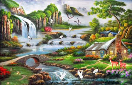 nature - fantasy, nature, garden, paiting, hause, animals