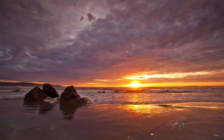 •Beach• - summer, coast, beach, landscape, scene, sunrise, light, reflection, dawn, sky, sun, clouds, abstract, sunlight, stone, water, photography, sea, sunshine, HD, ocean, colours, colorful, sunset, waves, dusk, rocks, shine, wallpaper