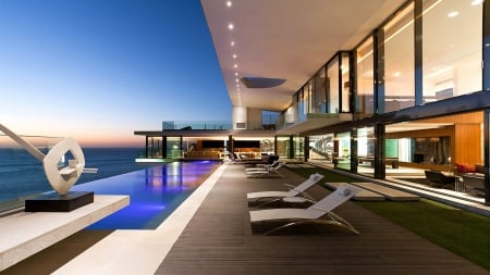 spectacular seaside home - view, modern, terrace, house, sea, pool