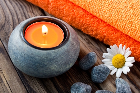 Serenity - candle, orange, towels, daisy, stones, gray, serenity