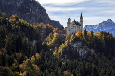 Bavarian Castle - germany, trees, neuschwanstein, autumn, mountains