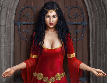 Fantasy Girl - girls, girl, fantasy, art, fantasy girls, door, castle, brunette, fantasy girl, dress