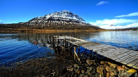 old dock on a beautiful lake - lake, mountain, dock, shore, rocks