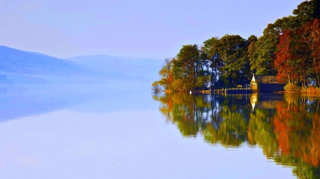 boat house on a foggy lake - trees, boat house, fog, lake, reflection