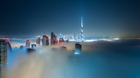 spectacular dubai skyscape in fog hdr - city, fog, hdr, skyscrapers, lights