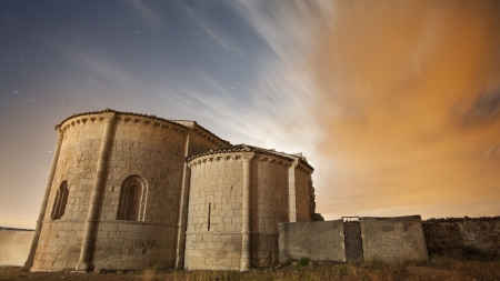 old architecture under sky in long exposure - long exposure, old, stars, sky, building