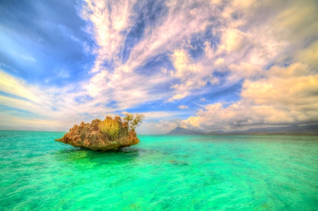 Cristal  Rock Sunrise - sky, paradise, emerald water, summer, tropical, mauritius, mountains, beautiful, clouds, island, sea