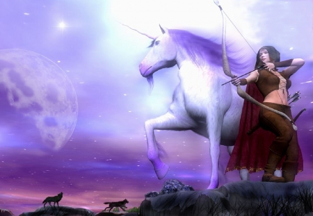 Protecting The Last Unicorn - bow, unicorn, woman, wolves