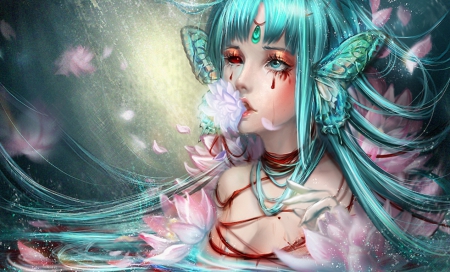 Butterfly Spirit - pretty, magic, female, wing, blossom, green hair, light, magical, long hair, hd, nice, realistic, beautiful, girl, beauty, lovely, sweet, flower, cg, fantasy, glowing, butterfly, floral, fantasy girl