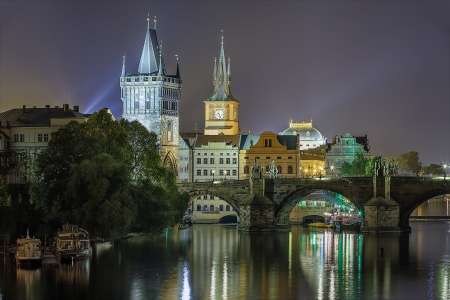 Prague at Night - reflection, river, charles bridge, moldova, czech republic, buildings, lights