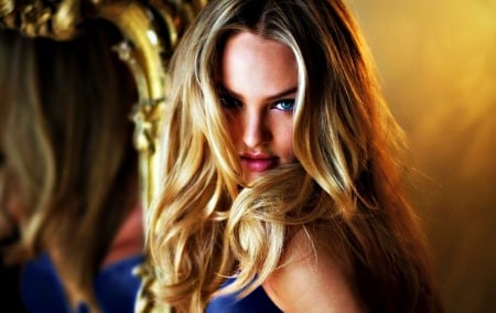 Candice Swanepoel - woman, girl, model, yellow, blue, mirror, orange, candice swanepoel, blonde